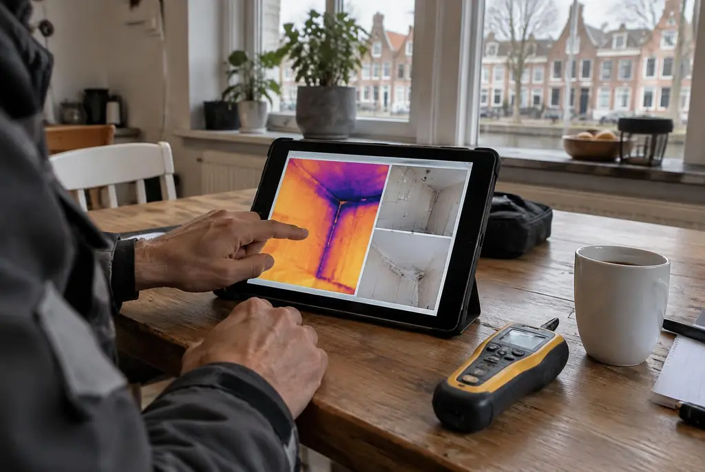 Lekdetectie Hilversum – lekdetectierapport met warmtebeelden en foto's op een tablet