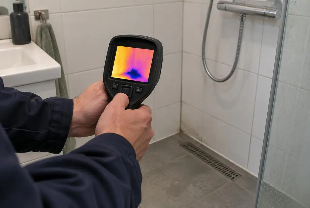 Lekdetectie Hilversum – lekdetectiespecialist met warmtebeeldcamera in een badkamer