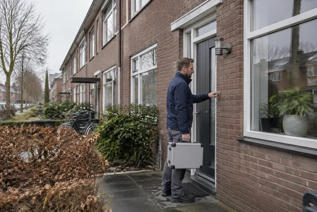 Lekdetectiespecialist met meetkoffer bij de voordeur van een woning in Hilversum